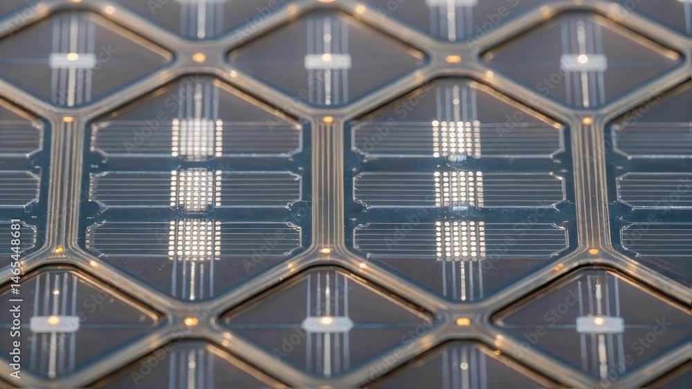 Poster hexagonal solar panel surface reflecting light, revealing intricate interconnected cells and innovat