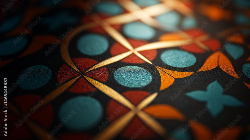 Poster close up of a colorful patterned surface with circles and geometric shapes in warm and cool tones