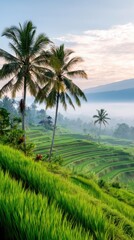 Obraz premium Morning light over rice terraces in Bali, lush green layers and mist, palm trees and distant shrine, soft warm tones