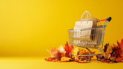 Shopping cart full of paper shopping bags stands on autumn maple leaves on yellow background