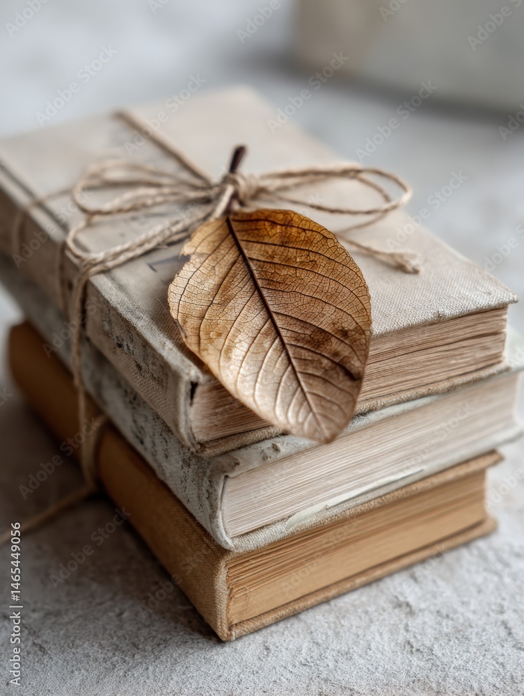 Aufkleber stack of books adorned with a dried leaf bookmark resting on a rustic surface in a quiet reading noo