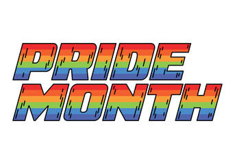Rainbow phrase of celebrate Pride LGBT in retro cartoon style. Groovy vector design, doodle, flat text symbol of love and friendship, pride June month celebrate, support, freedom, equal, gay, lesbian.