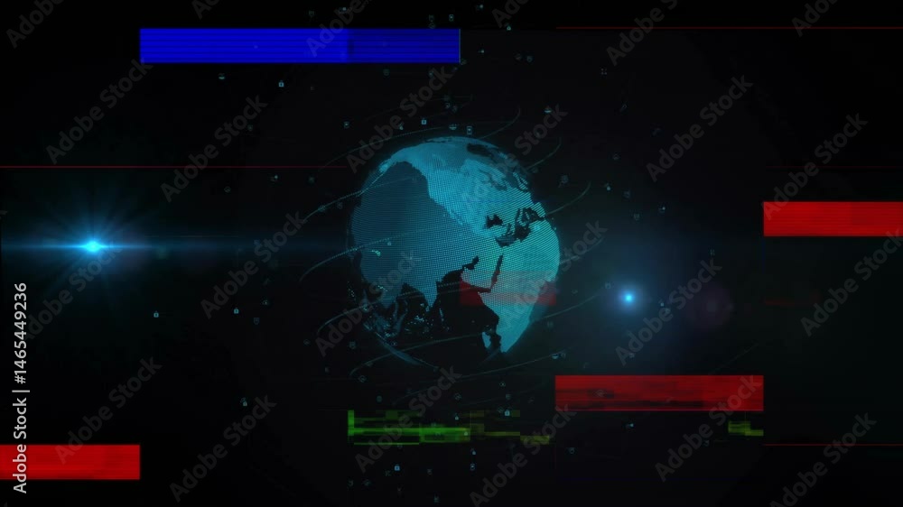 Poster glowing blue 3d globe rotating in cyber interface showcasing streaming data arcs and padlock icons