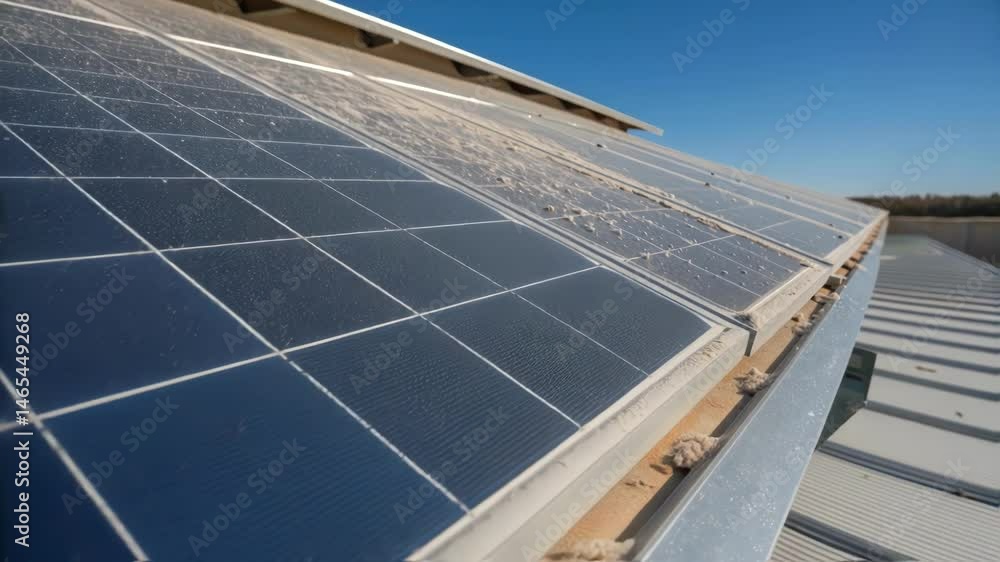 Poster dust accumulation on solar panels gradually reduces their efficiency, requiring regular cleaning for