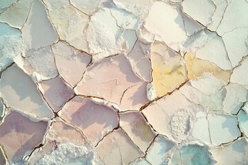 Cracked earth, pastel colors, salt crust, arid landscape, drought, dry land, textured surface.