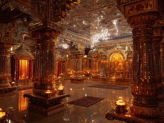 Obraz premium Ornate gilded interior showcasing elaborately decorated pillars, reflective floors, and ambient lighting for a rich and majestic scene.