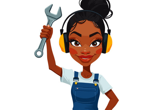 mechanic woman holding wrench, wearing earmuffs clip art preview