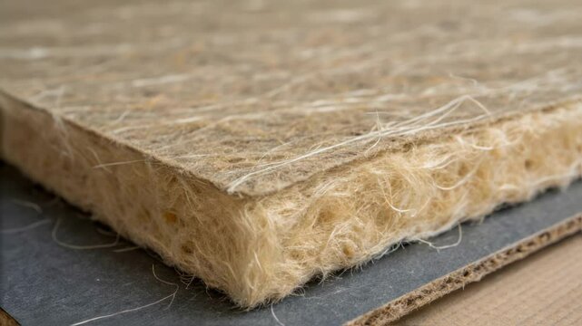 A closeup view that reveals the microscopic texture of the insulation material inside the panel showing fibrous strands that enhance heat retention and soundproofing capabilities.