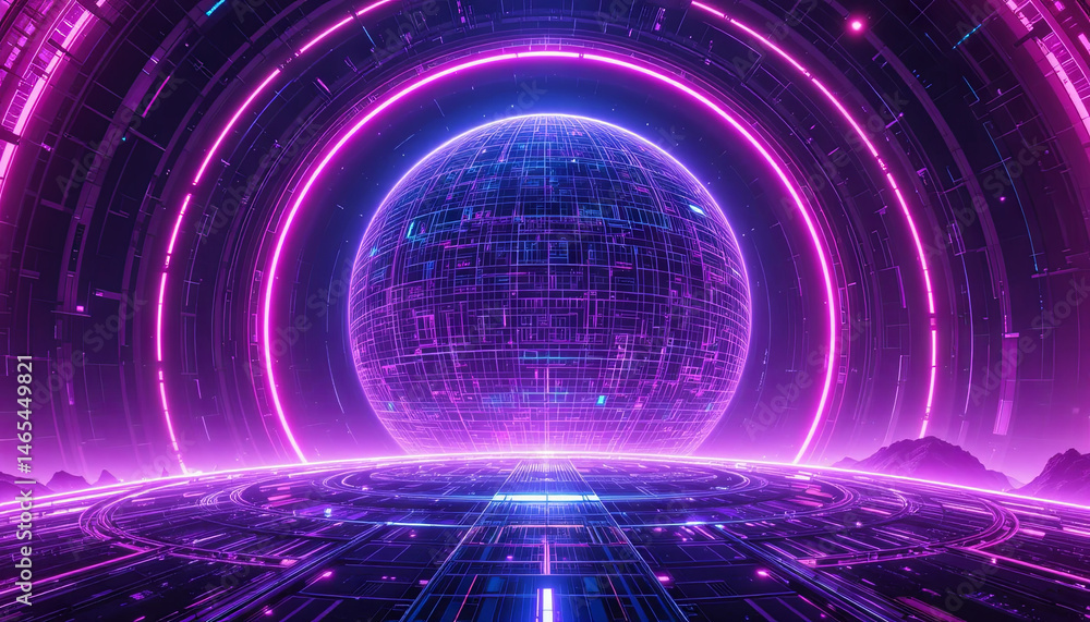 Poster a futuristic landscape features a large glowing sphere surrounded by circular neon patterns. the set