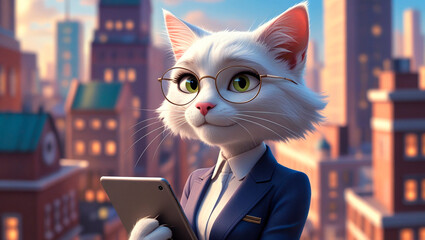 Cute 3D anthropomorphic cat girl in a suit with a tablet in her paws in the background of the city