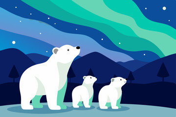 polar bear family watching northern lights over 