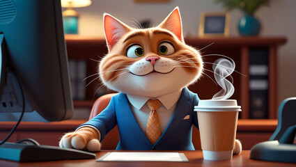 Cute 3D cartoonish ginger business cat sitting at a desk with a cup of coffee