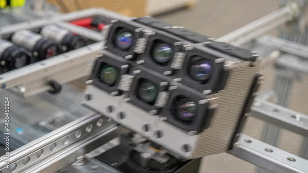 Aufkleber A detailed closeup of the robotic sensor array highlighting the range of cameras and laser scanners used for rebar positioning and alignment.