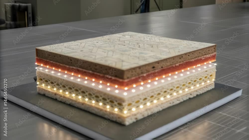Aufkleber A detailed illustration of a composite material used in a digital twin model showcasing the microscopic layering and bonding within the material structure illuminated to enhance