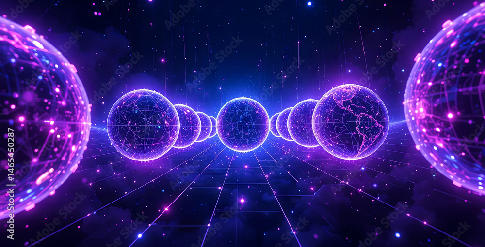 Poster spheres interconnected by glowing lines create a cosmic network, highlighting elements of technology
