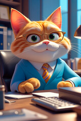 Cute 3D cartoonish ginger business cat sitting at a desk