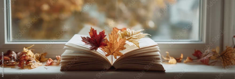 Aufkleber Open Book Resting on a Window Sill Adorned With Colorful Autumn Leaves Serving as Bookmarks in a Serene Setting Generative AI