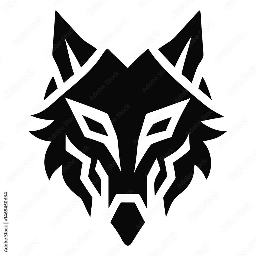 Poster geometric wolf head appears simplified with sharp lines and angular features