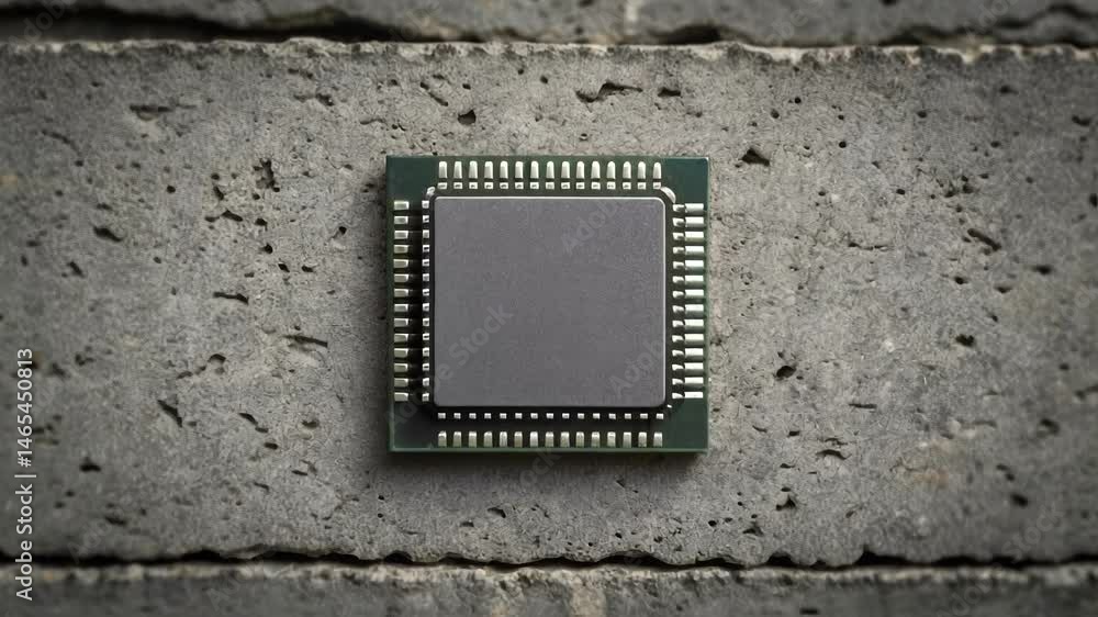 Poster central processing unit sliding across textured concrete brick wall, highlighting intricate electron
