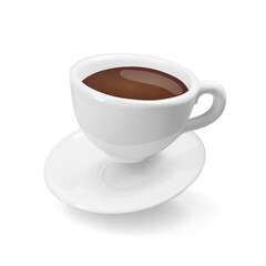 3d realistic espresso coffee in white cup icon. Side view. Espresso coffee isolated