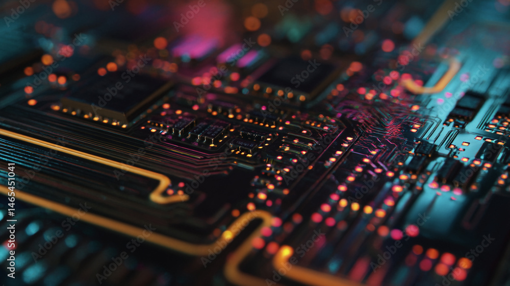Poster a close up view of a circuit board with glowing lights and intricate pathways in a dark environment