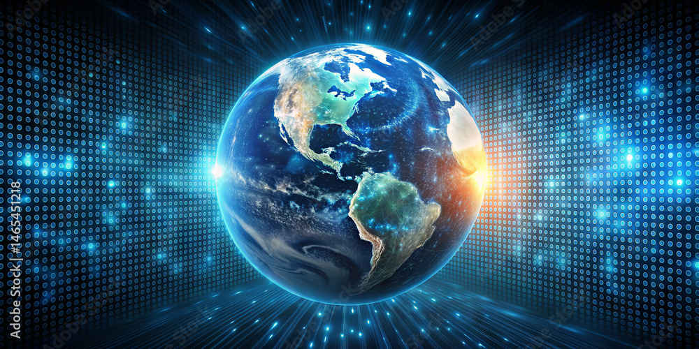 Poster the image captures a vibrant view of earth from space, highlighting continents and oceans, surrounde