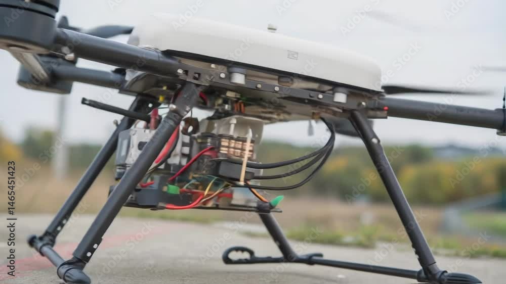 Aufkleber A detailed view of the drones undercarriage featuring sophisticated sensors and GPS modules that assist in its automated navigation with bolts and wiring intricately interwoven.