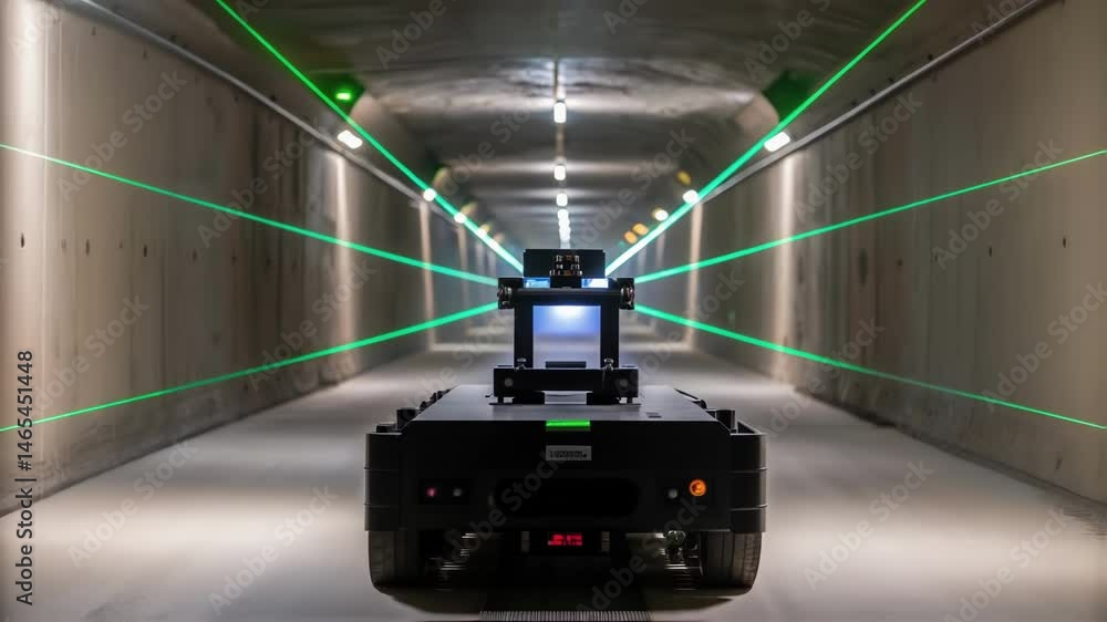 Aufkleber A detailed view of the laserguided navigation system on the robotic platform beams of light projected onto the tunnel walls for precision alignment.