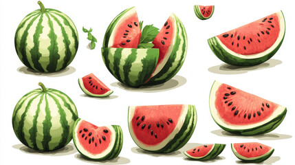 Collection of watermelon illustrations in vector style, including whole fruits, halves, triangular cuts, rinds, and seeds; ideal for vegan food and dessert themes