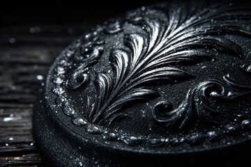 Close-up of a dark circular object with embossed foliate design and water droplets, highly textured surface