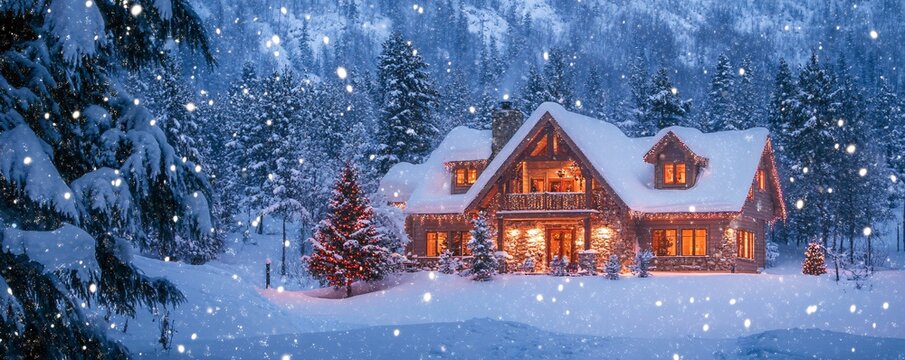 Cozy wooden chalet embraces the magic of christmas in snowy wonderland