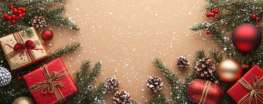 Christmas decoration border with ornaments, presents and fir branches on brown background - Powered by Adobe