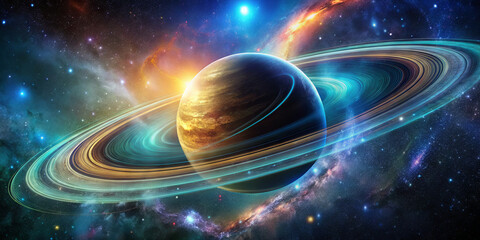 A fascinating celestial view features a planet with prominent rings, surrounded by swirling galaxies and bright stars. This vibrant scene captures the beauty and mystery of outer space