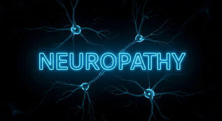 Neuropathy written in blue neon with neurons in the background