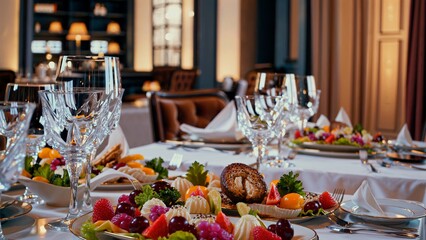 Crystal glassware, crisp white linen, fresh fruit platter adorning fine dining table, showcasing upscale restaurant ambiance with sophisticated elegance