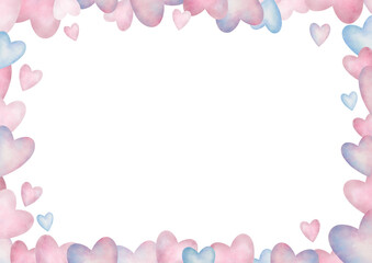 Watercolor hearts horizontal frame border. Lovely template in pink and purple colors on white. Hand-painted in a soft, romantic style. Ideal for  cards, invitations, Valentine's day, and love letters.