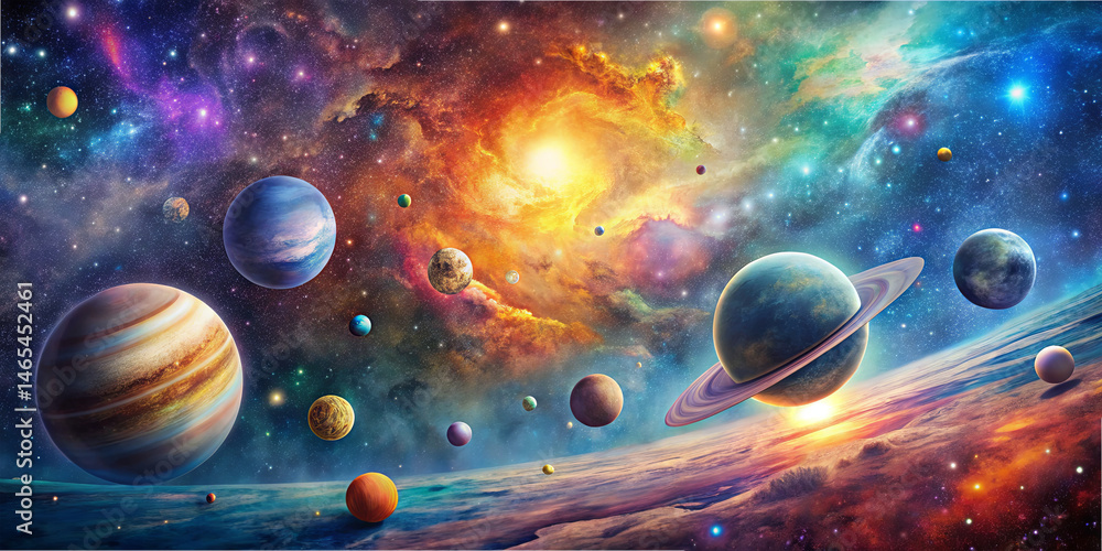 Poster a vibrant cosmic scene features multiple planets floating in space, surrounded by swirling clouds of