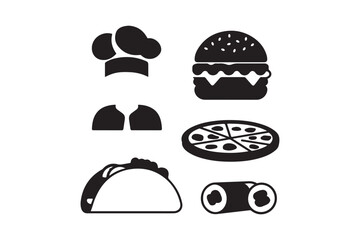 Fast Food Icons Set Chef, Burger, Pizza, Taco, Sushi Silhouettes Collection