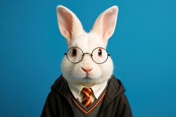 White rabbits in academic garb with round - framed glasses against a blue background, great for educational, academic, and animal - themed projects.