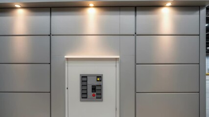 A medium closeup capturing a prefabricated wall installed in a construction setting showing how builtin electrical systems are accessible yet hidden with focused lighting