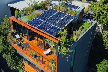 Modern urban dwelling with sustainable rooftop features.