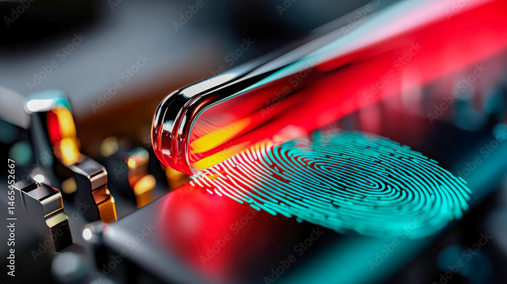 Aufkleber close-up of a futuristic fingerprint scanner glowing with red light on a circuit board, emphasizing 