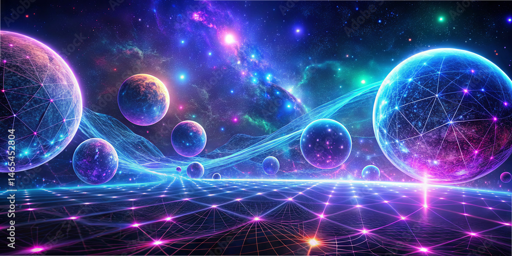 Poster glowing spheres float in a colorful cosmic landscape filled with brilliant stars and ethereal connec