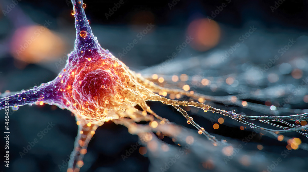 Poster close-up of a glowing neuron with dynamic tendrils and electric pulses in a high-tech digital enviro