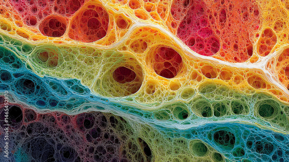 Poster colorful abstract structure resembling cellular or neural networks, with layered rainbow hues and in