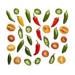 Peppers and tomatoes food pattern on transparent background
