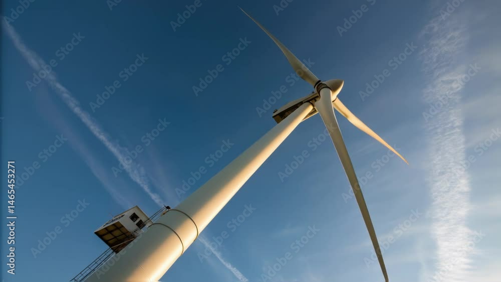 Poster a medium closeup featuring a wind turbine integrated with site lighting its blades in motion against