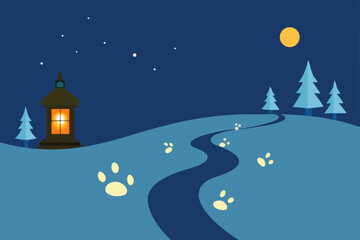 Fototapeta premium snow hare tracks leading to a glowing christmas 