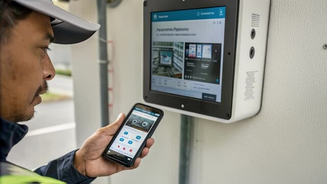 A medium closeup featuring a technician interacting with a mobile application that controls the smart cameras illustrating an intuitive interface and realtime alerts displayed on