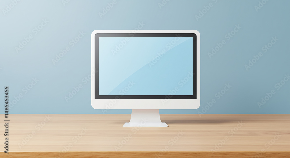 Poster Modern desktop computer showing blank screen on wooden table